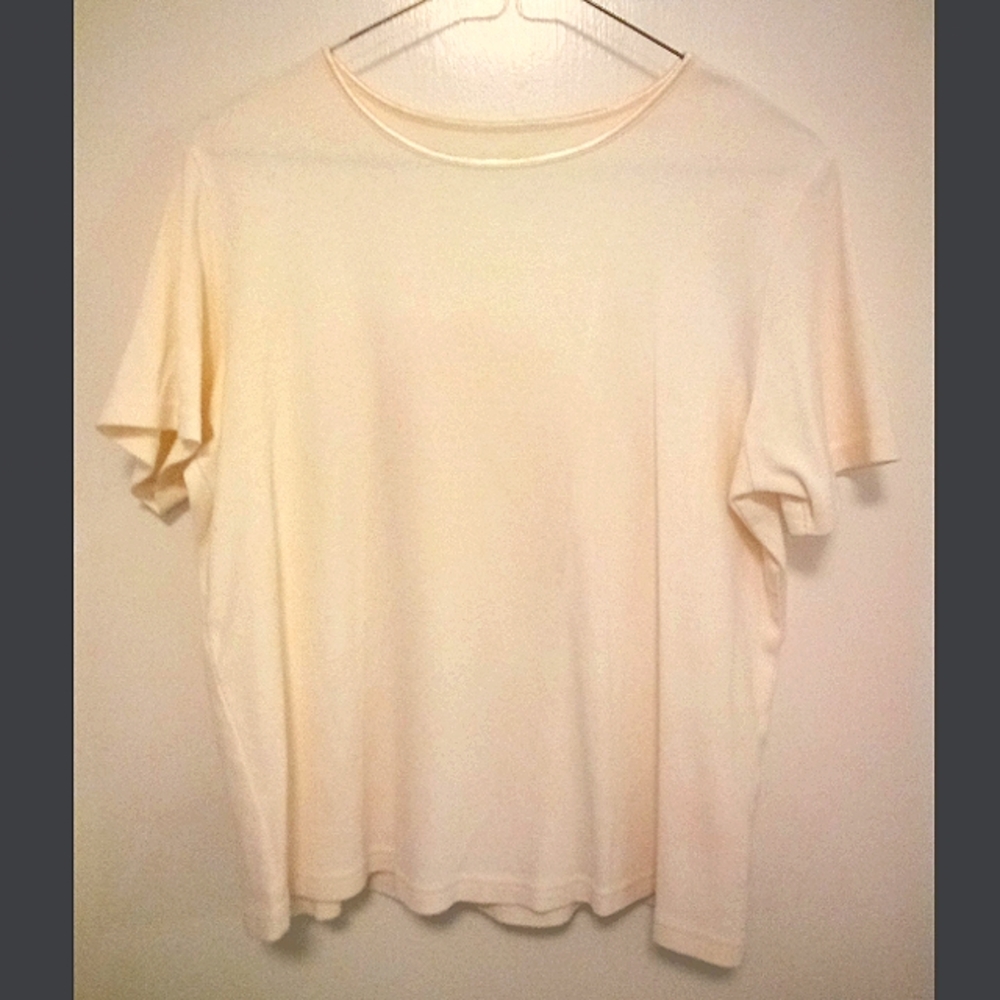 Cream Pullover Top w/ Satin-banded neck, Short Sleeve